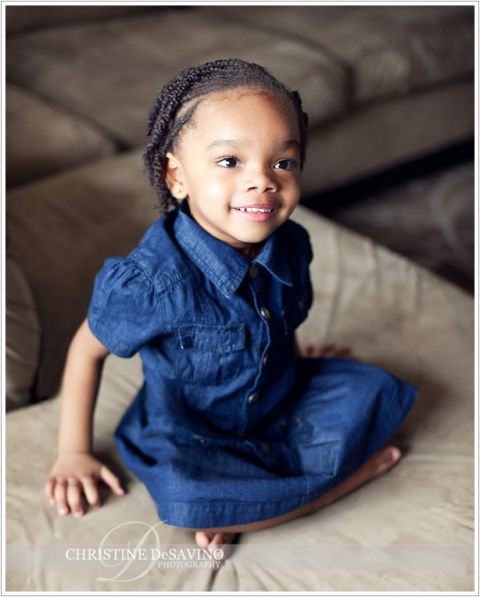 Pretty girl in denim dress smiling - NJ Child Photographer