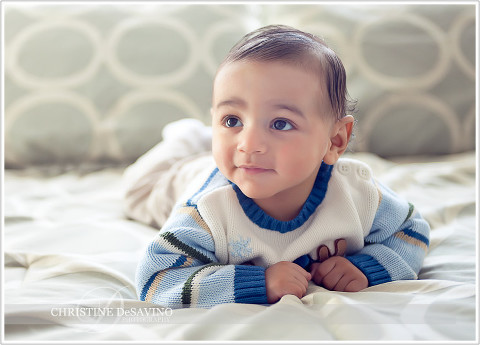 Adorable baby boy on bed - New Jersey Baby Photographer