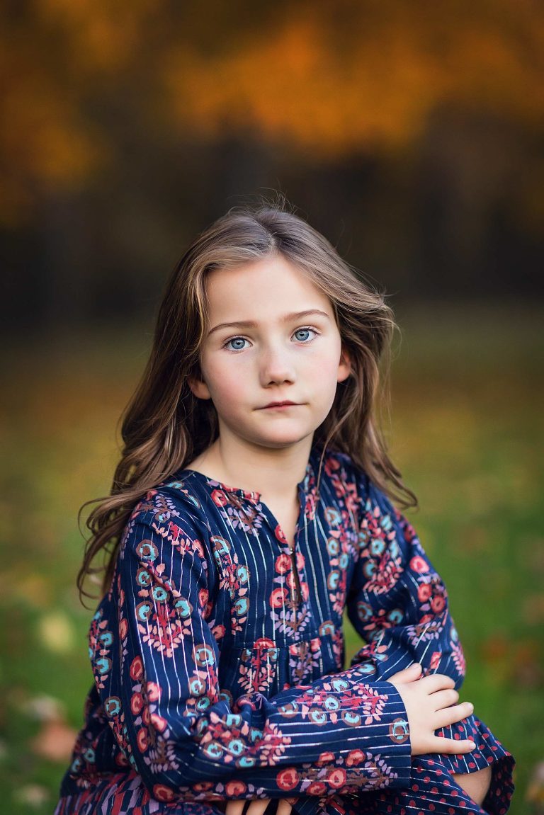 NJ photoshoot with 7 year old girl in patterned dress